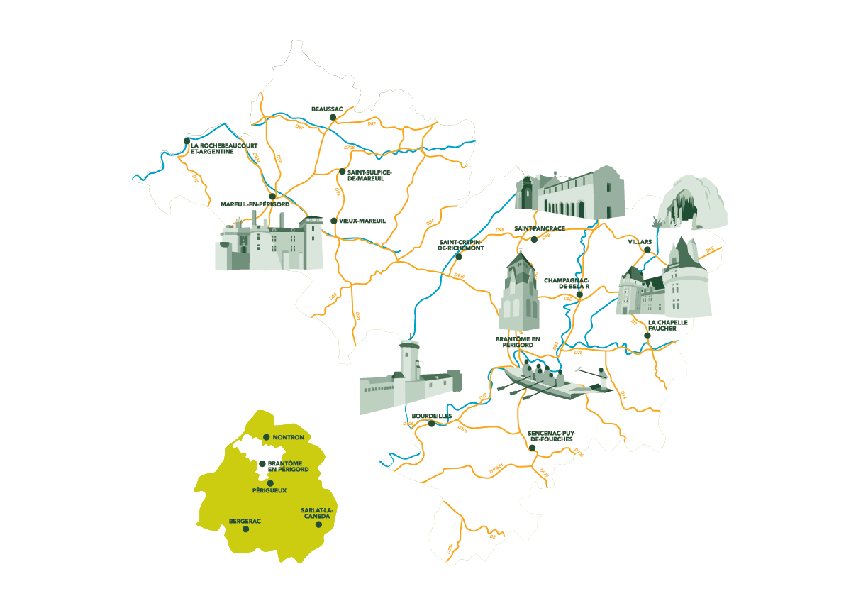 Carte du territoire Périgord Dronne Belle : communes du secteur autour de Brantôme, Mareuil et Bourdeilles, avec localisation dans le département de la Dordogne