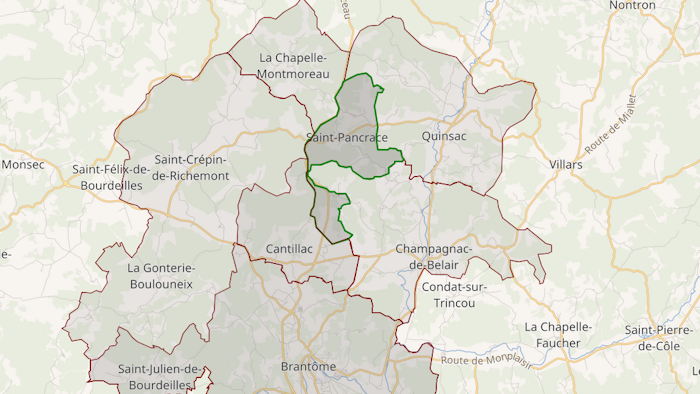 Carte situant Saint-Pancrace au sein de la communauté de communes Dronne et Belle, entre Mareuil, Brantôme et Champagnac-de-Belair